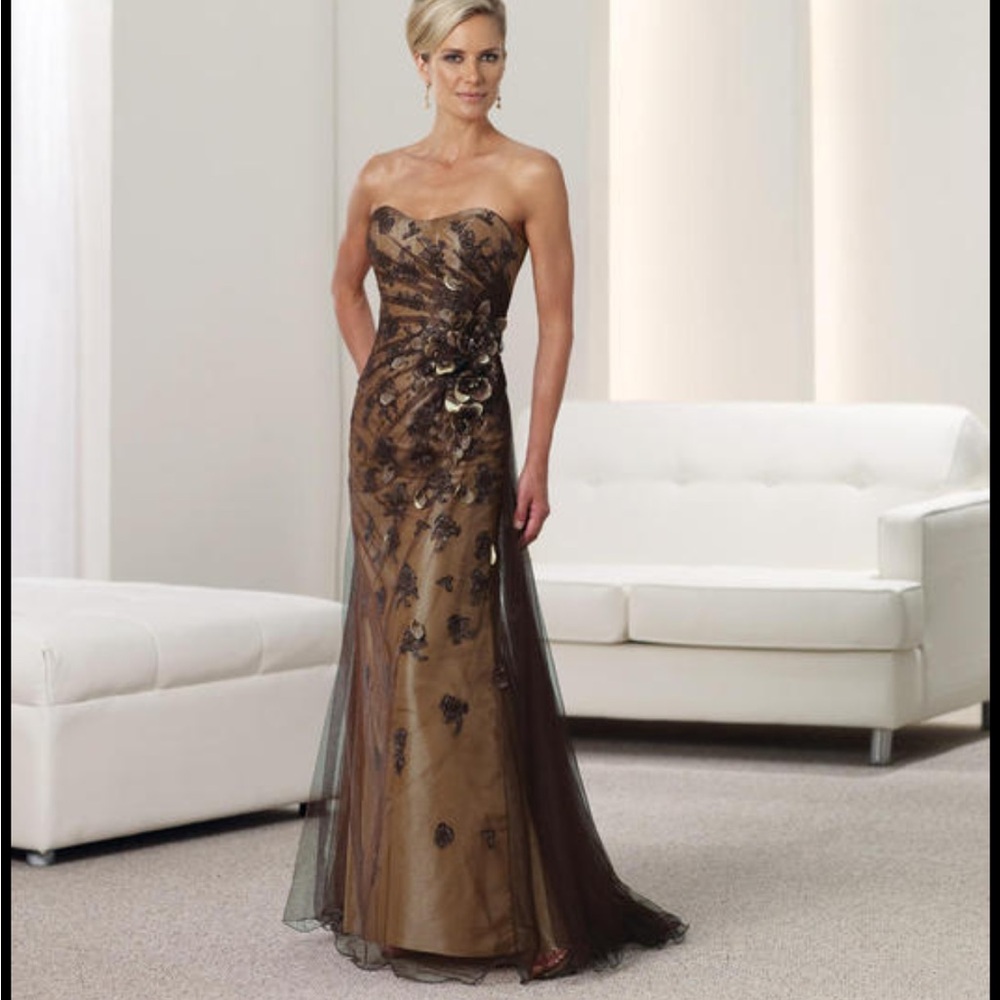 Montage by Mon Cheri Cream and Brown Embellished Strapless Gown